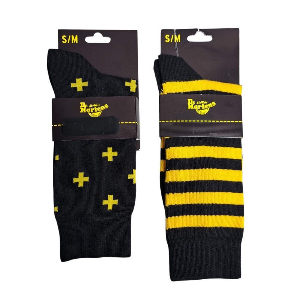 2-Pairs Dr. Martens Crew Socks S/M Yellow & Black‎ Cross Logo & Thin Stripe Sock